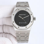 Audemars Piguet watch with black dial, stainless steel bracelet, visible crown at side