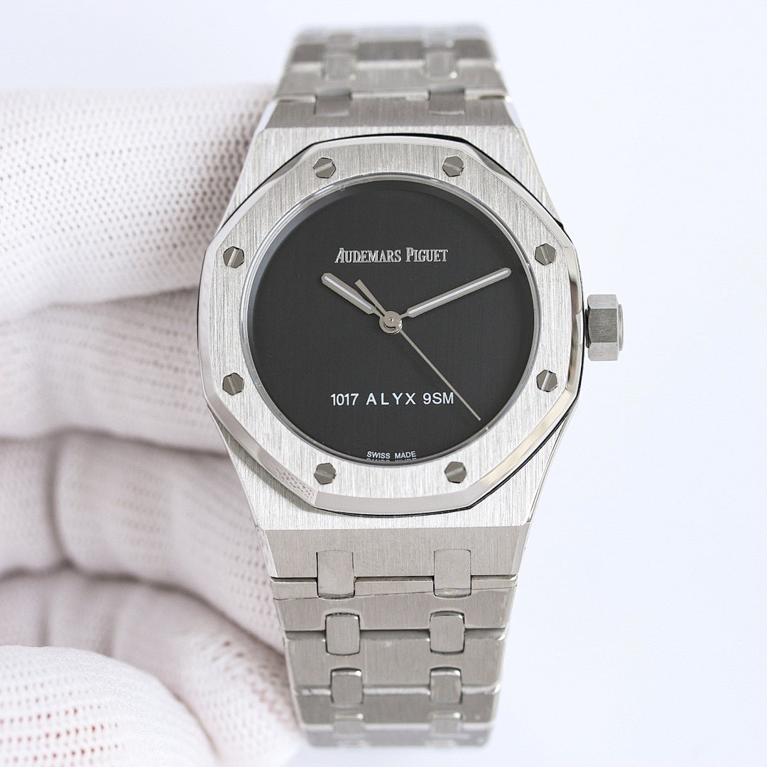 Audemars Piguet watch with black dial, stainless steel bracelet, visible crown at side