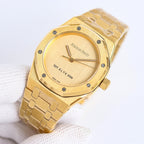 Gold-tone wristwatch with round dial and integrated metal link bracelet