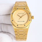 Gold-tone wristwatch with round cream dial, three hands, and metal link bracelet