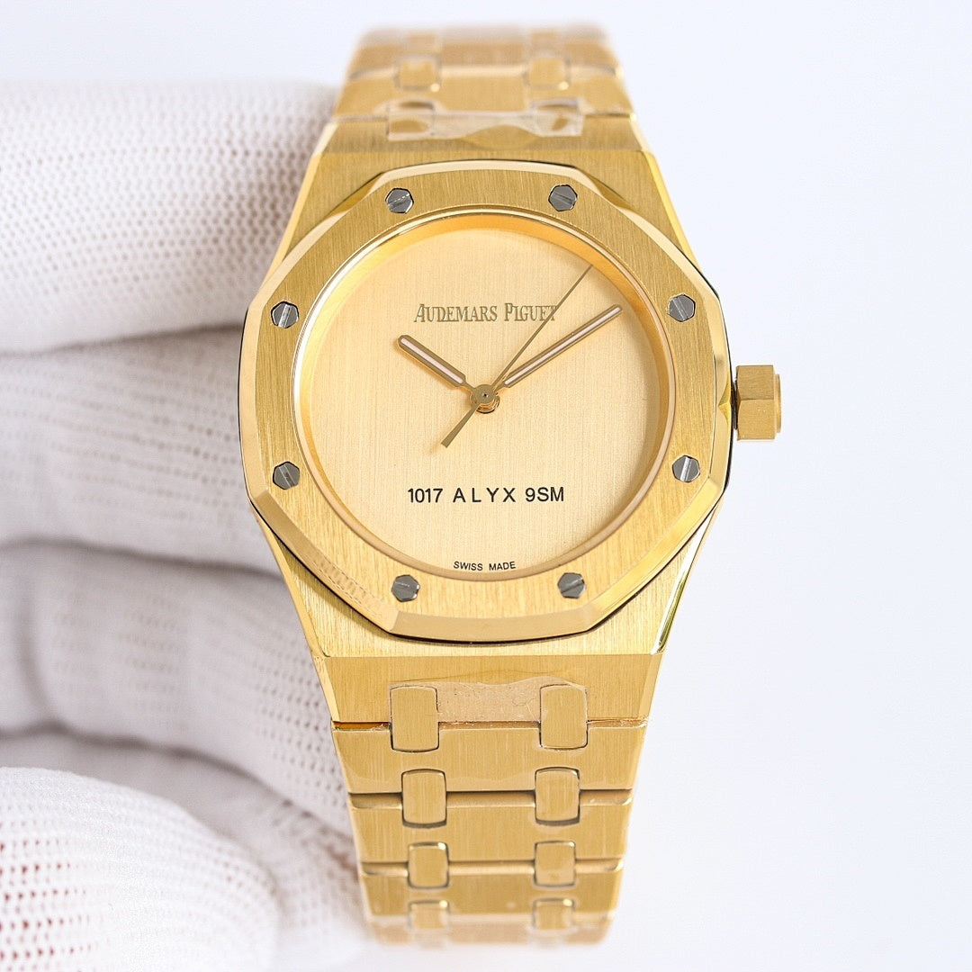 Gold-tone wristwatch with round cream dial, three hands, and metal link bracelet
