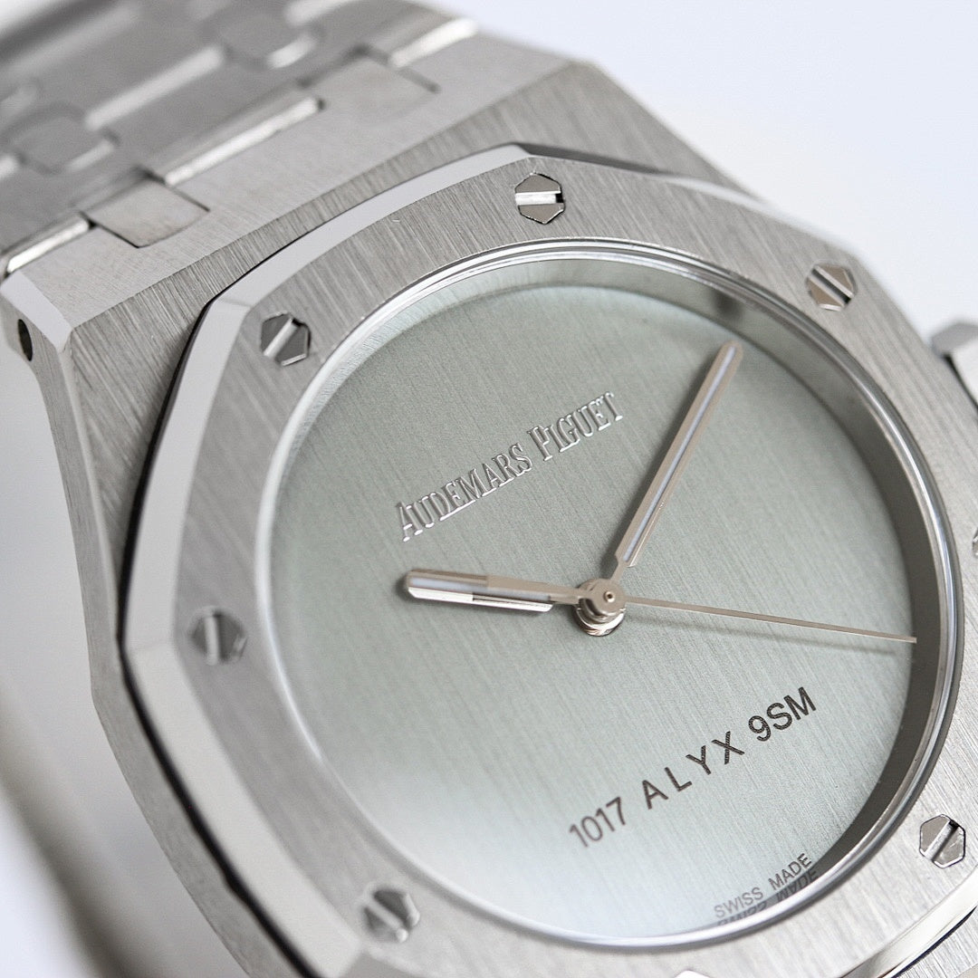 Audemars Piguet watch angled view with light green dial and octagonal bezel