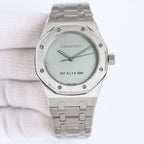 Audemars Piguet watch front view with light green dial and stainless steel bracelet