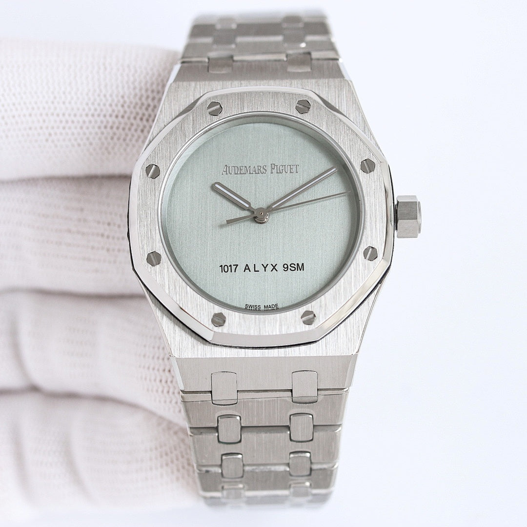 Audemars Piguet watch front view with light green dial and stainless steel bracelet