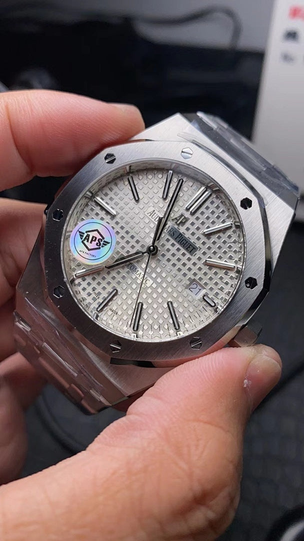 Audemars Piguet stainless steel watch with white textured dial and blue accent