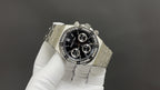 Audemars Piguet stainless steel chronograph watch on linked bracelet, front angle view
