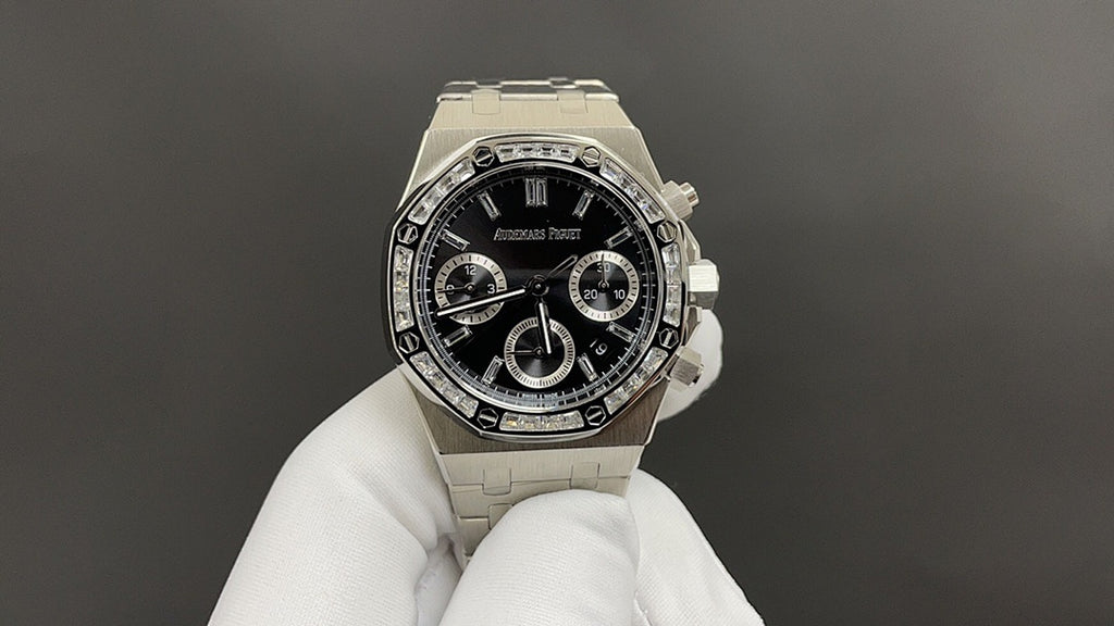 Audemars Piguet stainless steel chronograph watch with black dial and subdials, full view