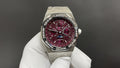 Stainless steel wristwatch with burgundy dial and metal bracelet, round case