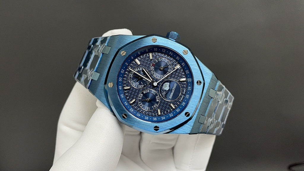 Audemars Piguet watch angled view with blue dial and blue link bracelet