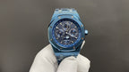 Audemars Piguet watch front view with blue dial and blue bracelet