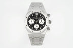 Audemars Piguet stainless steel watch with black chronograph dial and subdials