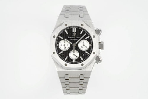 Audemars Piguet stainless steel watch with black chronograph dial and subdials