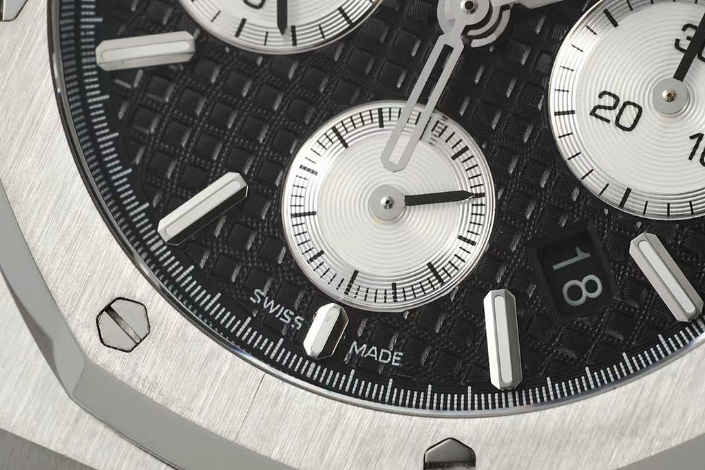 Audemars Piguet watch dial detail with black face, silver markers, and subdial