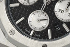 Audemars Piguet watch dial detail with black face, silver markers, and subdial