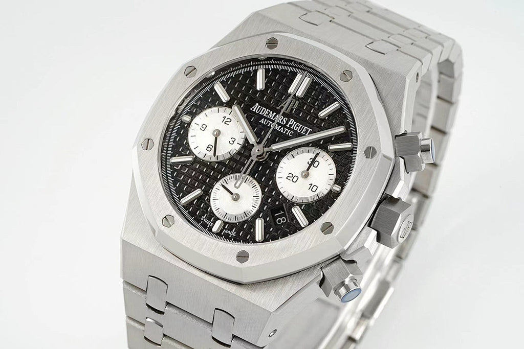 Audemars Piguet stainless steel watch with black dial and three white subdials