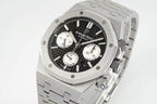 Audemars Piguet stainless steel watch with black dial and three white subdials
