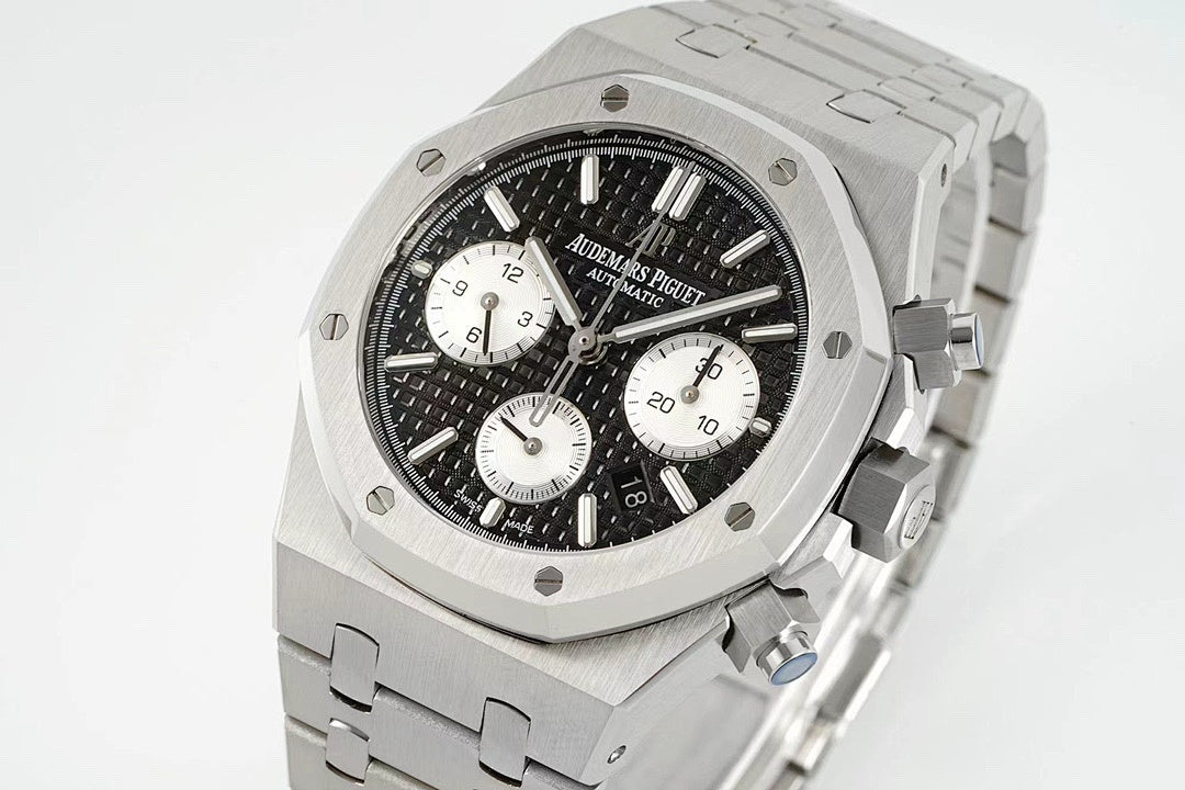 Audemars Piguet stainless steel watch with black dial and three white subdials