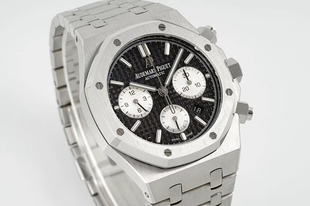Audemars Piguet stainless steel watch with black dial, tachymeter bezel, and subdials