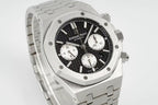 Audemars Piguet stainless steel watch with black dial, tachymeter bezel, and subdials