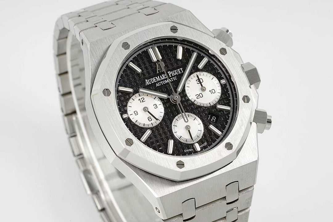 Audemars Piguet stainless steel watch with black dial, tachymeter bezel, and subdials