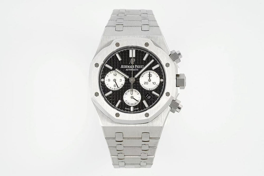 Audemars Piguet stainless steel watch on bracelet with black chronograph dial