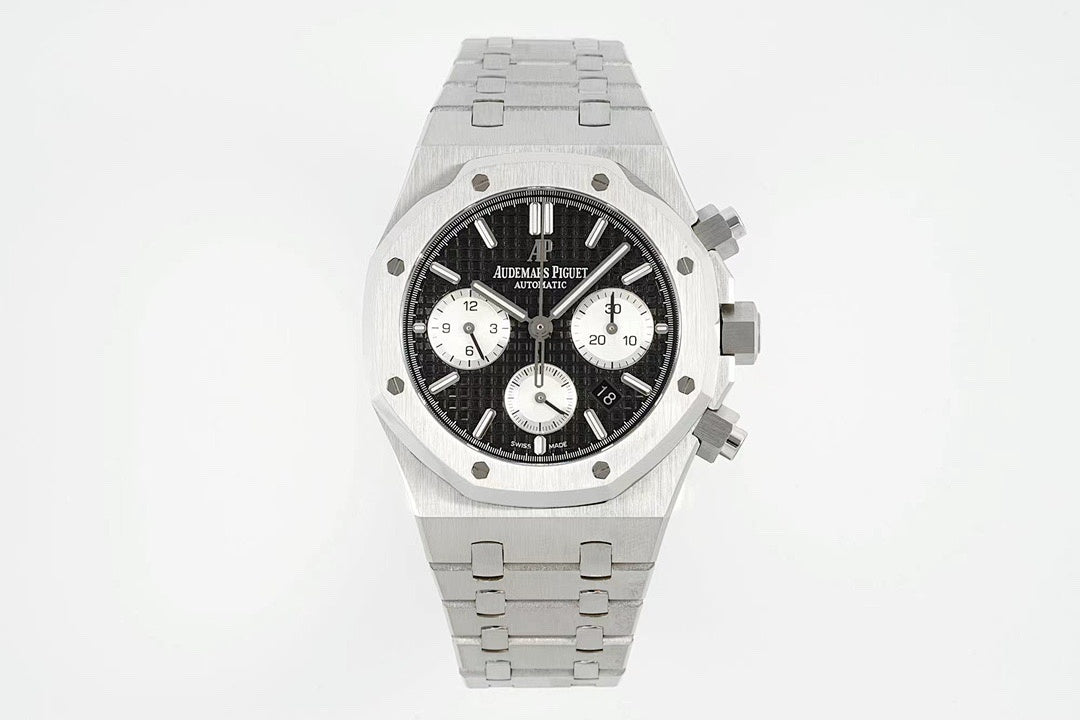 Audemars Piguet stainless steel watch on bracelet with black chronograph dial