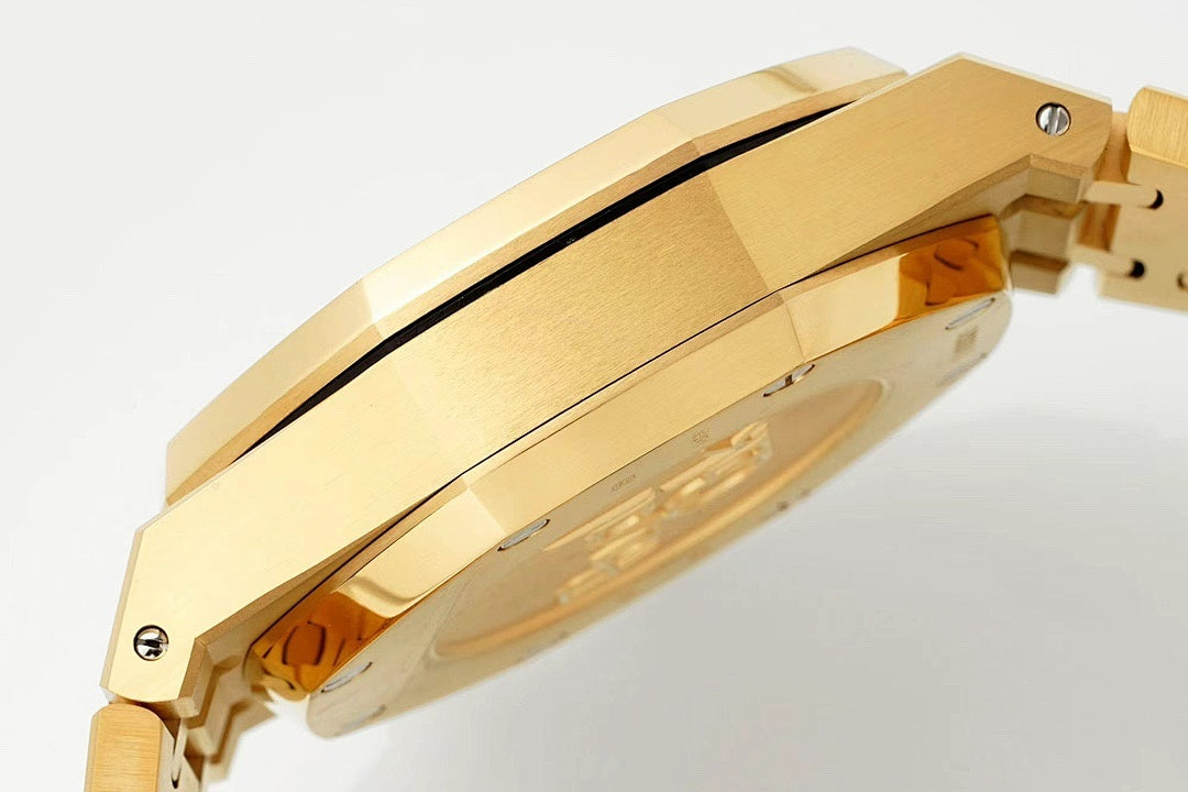 Gold-tone watch side profile with visible case screws and polished bezel