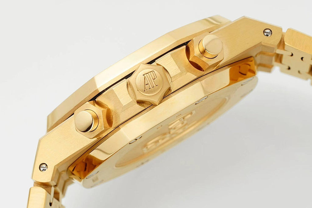 Gold-tone watch with crown and pushers on the side of the case