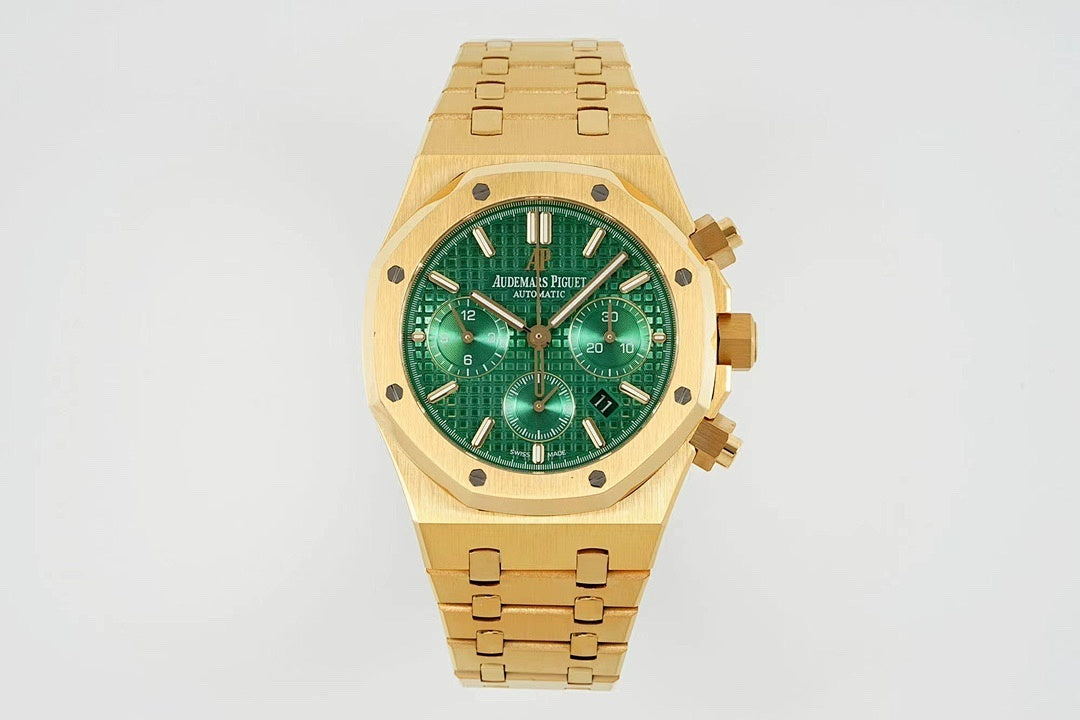 Gold-tone wristwatch with green dial, three subdials, and full link bracelet