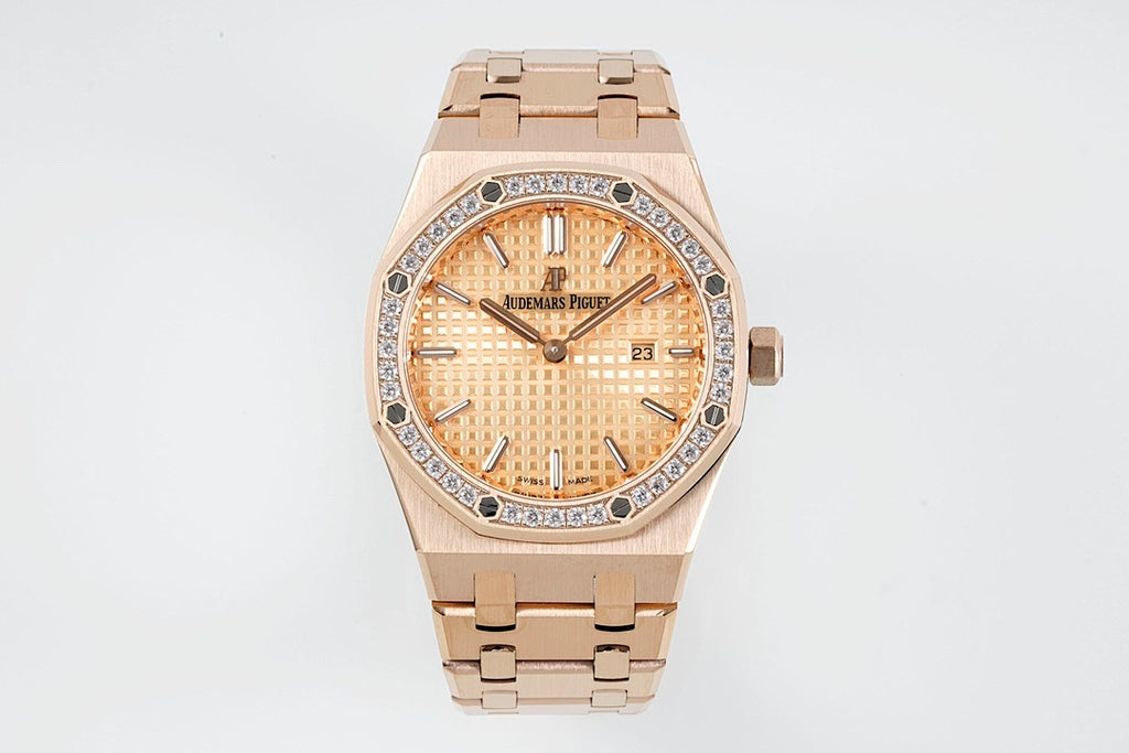 Audemars Piguet watch with rose gold bracelet, gem bezel, and champagne dial