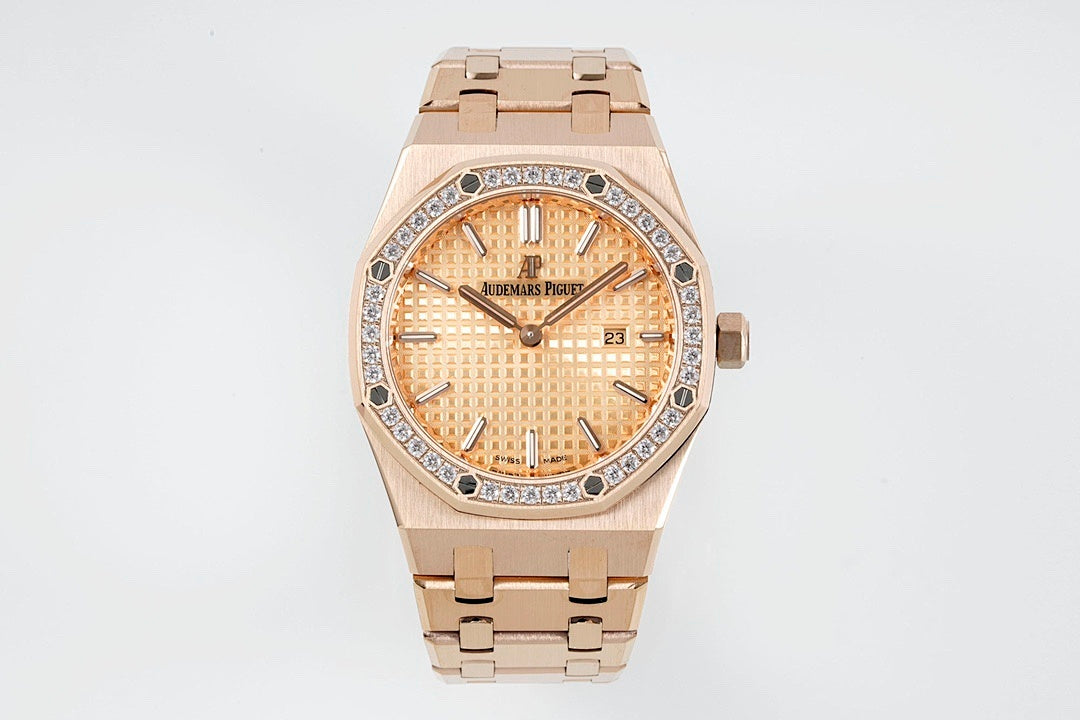 Audemars Piguet watch with rose gold bracelet, gem bezel, and champagne dial