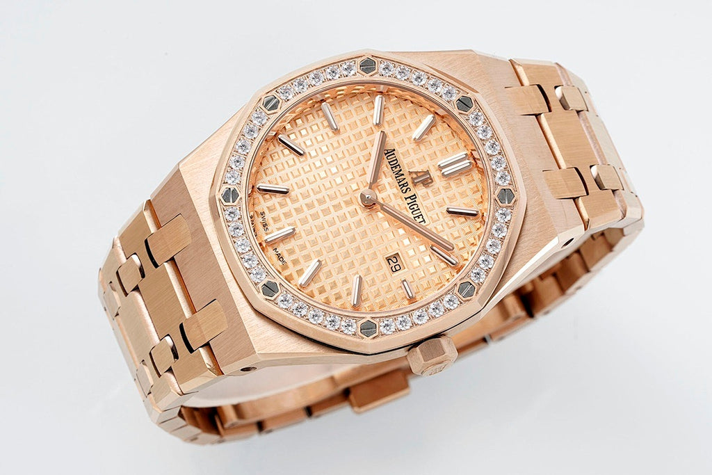 Audemars Piguet watch angled view with rose gold bezel and champagne dial