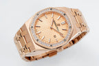 Audemars Piguet watch angled view with rose gold bezel and champagne dial