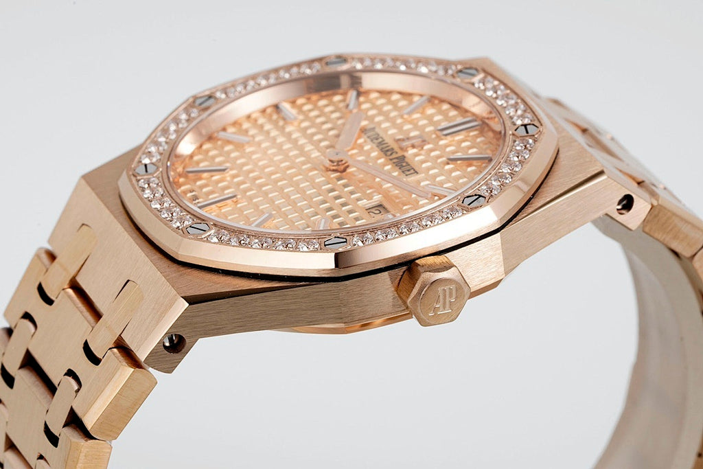 Audemars Piguet watch profile with rose gold case, bezel stones, and champagne dial