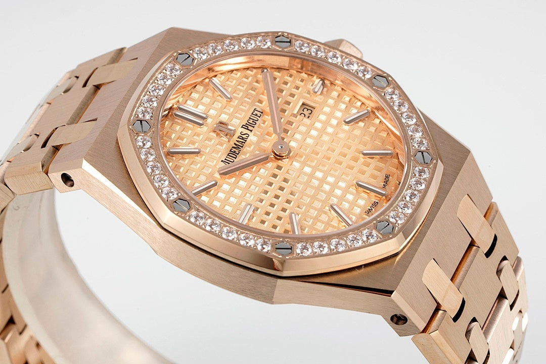 Audemars Piguet watch dial close-up with gem bezel and rose gold hands