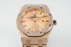 Audemars Piguet watch front view with rose gold case, gem bezel, and champagne dial