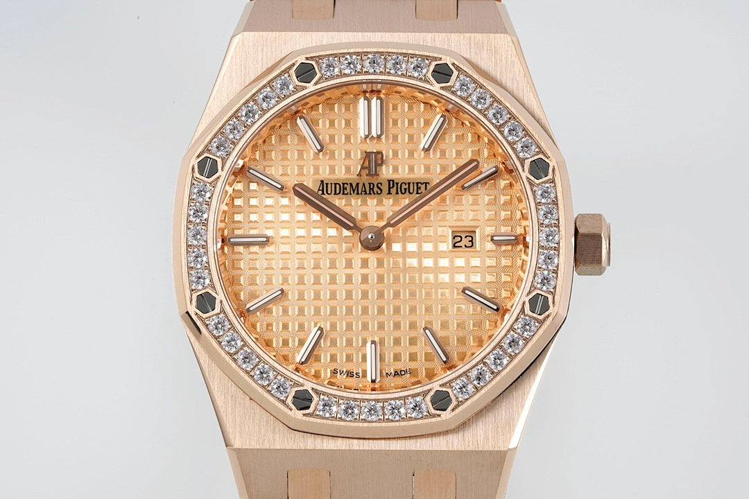 Audemars Piguet watch face close-up with rose gold case and gem bezel