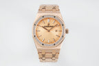 Audemars Piguet watch full front view with rose gold bracelet and champagne dial
