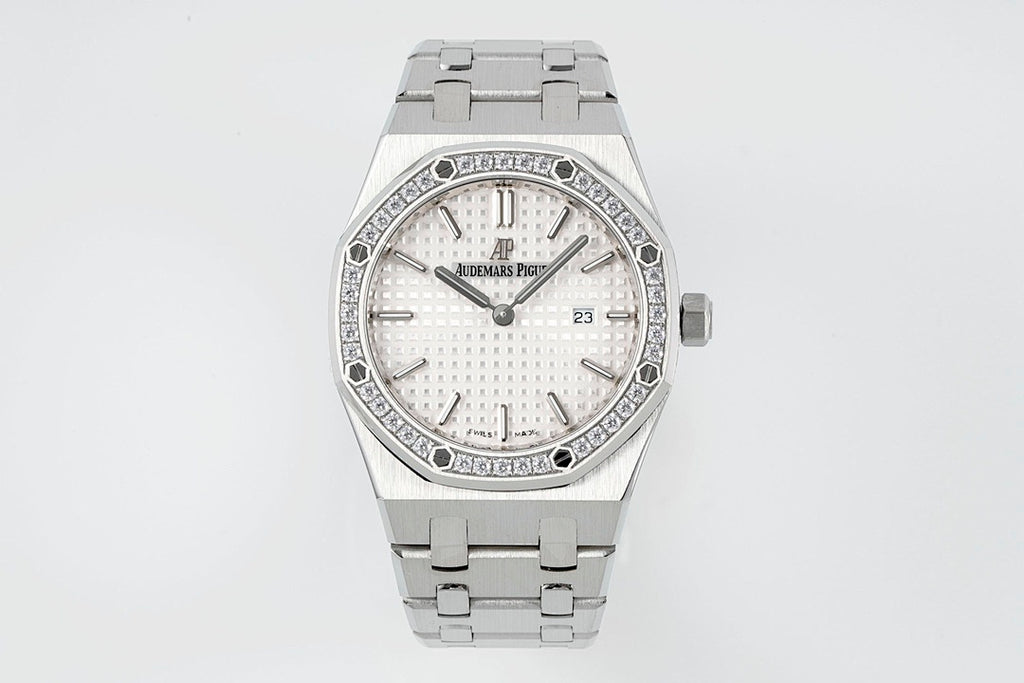 Audemars Piguet wristwatch front view with silver bracelet, diamond bezel, and white dial