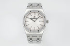 Audemars Piguet wristwatch front view with silver bracelet, diamond bezel, and white dial
