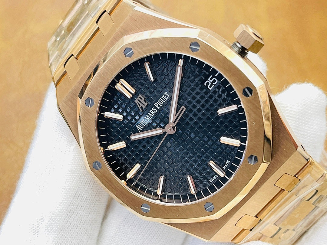 Audemars Piguet watch with black textured dial, gold-tone octagonal case, and markers.