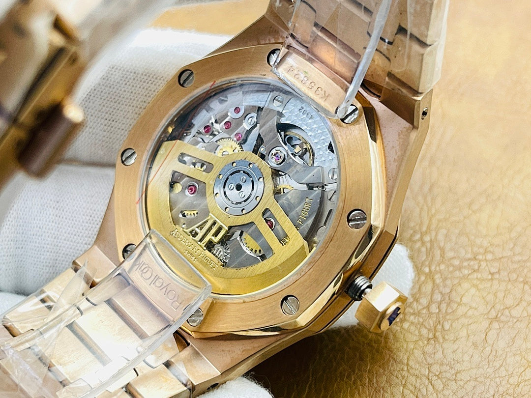 Open-view luxury wristwatch with gold-tone movement visible through clear caseback