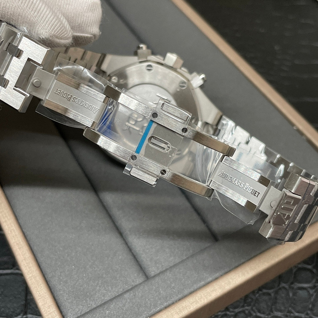 Audemars Piguet steel watch bracelet with engraved clasp, viewed from the back