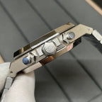 Audemars Piguet watch side view with crown and pushers on steel case