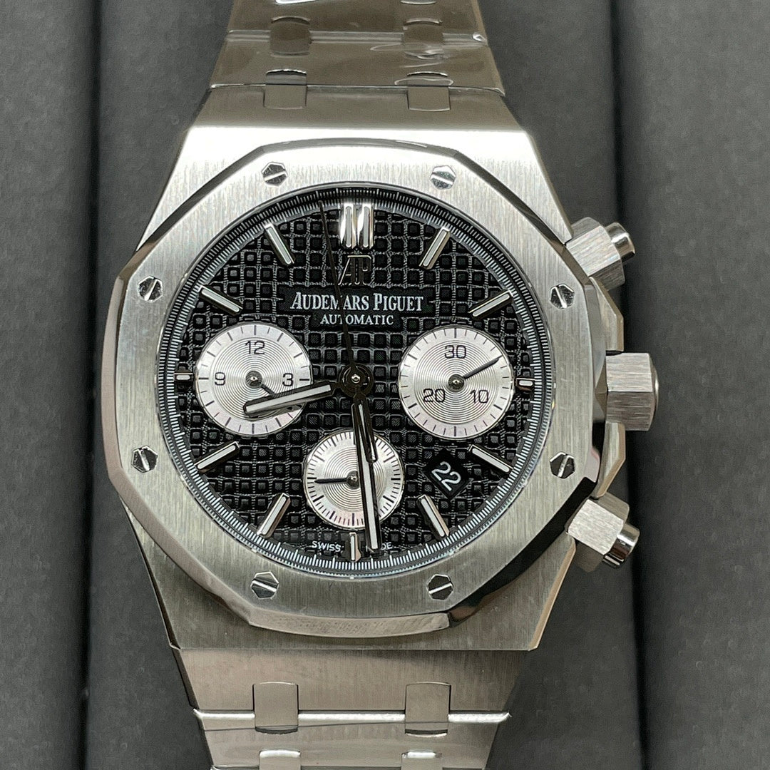 Audemars Piguet chronograph watch with black patterned dial and steel bracelet, front view