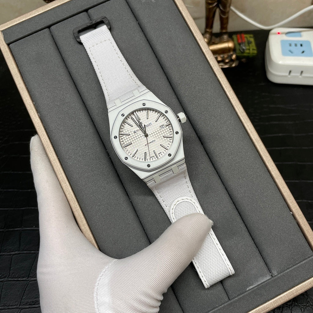 Audemars Piguet Royal Oak watch in box, silver dial and white fabric strap