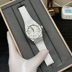 Audemars Piguet Royal Oak watch in box, silver dial and white fabric strap