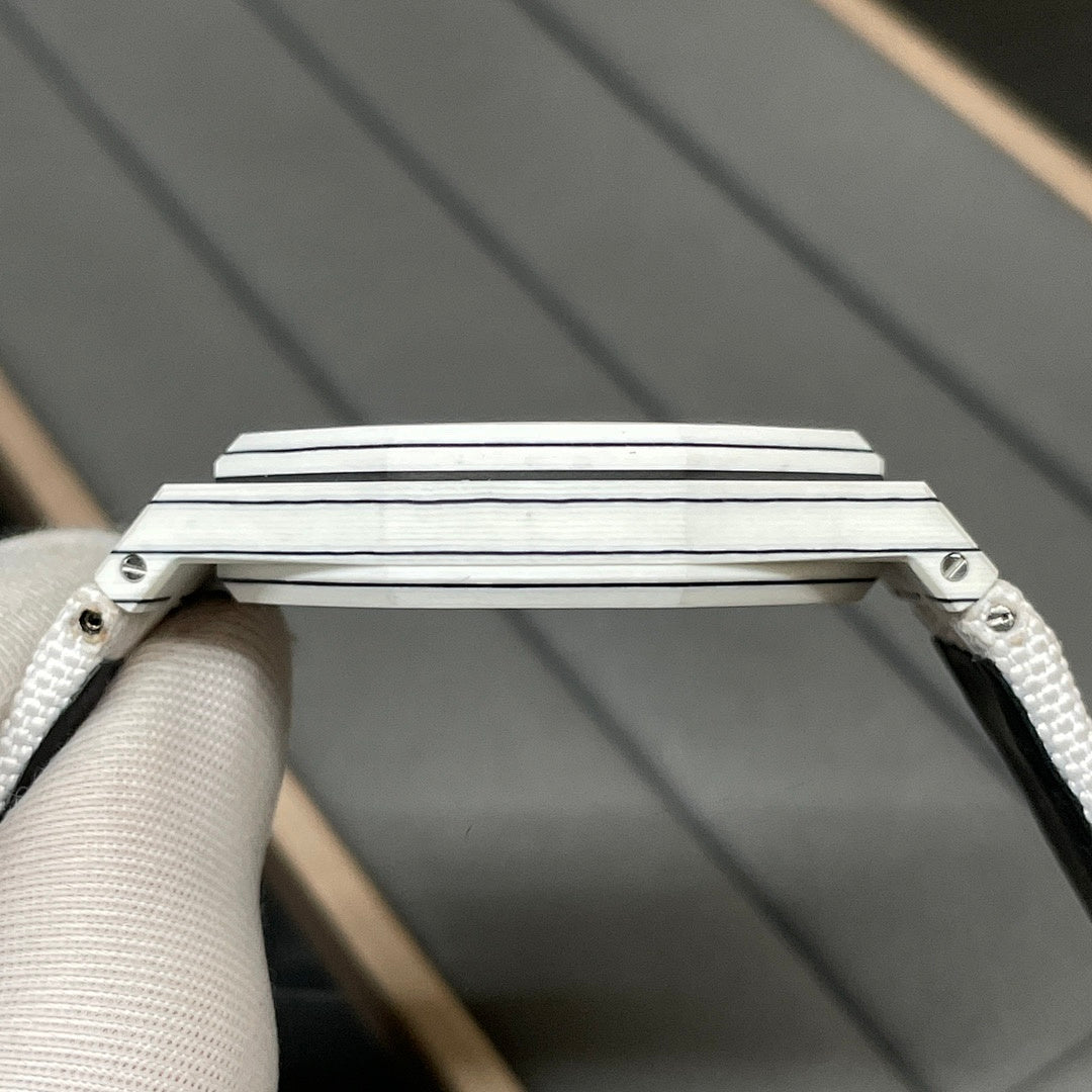 Audemars Piguet Royal Oak watch top view with white strap and metal case