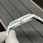 Audemars Piguet Royal Oak watch side view with crown and white strap
