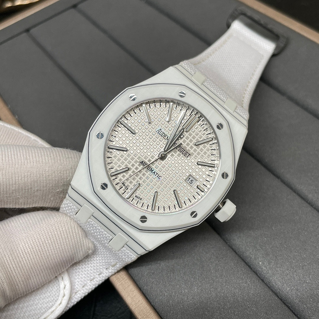 Audemars Piguet Royal Oak watch angled view, silver dial and white strap
